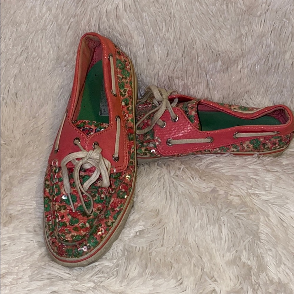 Sperry pink and green boat shoes